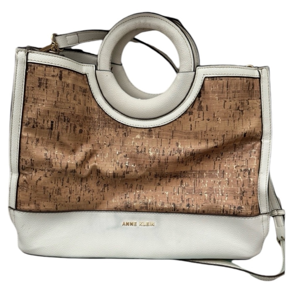 ANNE KLEIN White & Cork Rounded Top Handle Satchel Shoulder Bag Purse